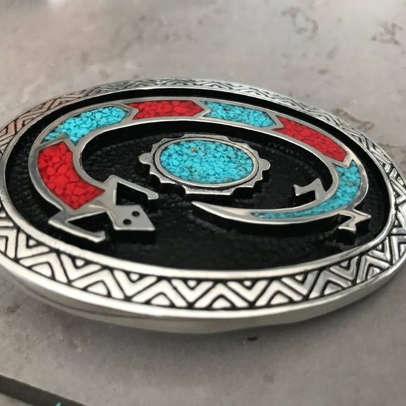 Lizard Belt buckle Turquoise Coral Inlay Gekko Art Snake Stone Southwestern